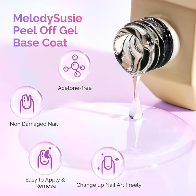 MelodySusie 15ML Clear Peel Off Gel Base Coat for Gel Nail Polish, Upgraded Formula Long-Lasting Soak Off-Free Easy Removal without Damage,stronger adhesion,essential for Home DIY and Nail Salon