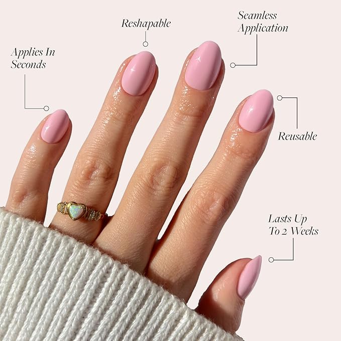 Glamnetic Press On Nails - Think Pink Fake Nails | Solid Opaque Light Pastel Pink Short Oval Nails, Salon Quality | 15 Sizes - 30 Nail Kit with Glue