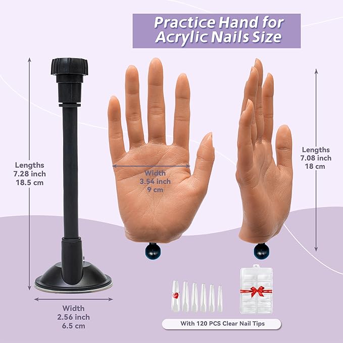 Practice Hand for Acrylic Nails, Silicone Nail Hand Practice, Flexible Fingers Fake Training Hand False Mannequin Hands for Nail Practice, Hand Model Kit for Nail Supplies Manicure Beginners