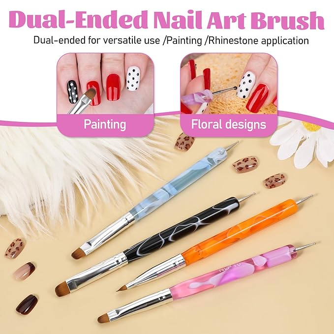 Jeffdad 4 Pcs Gel Nail Brush French Gel Acrylic Nail Art Brush with Dotting Tool Professional Manicure Brush Small Detail Painting 3D Acrylic Brushes (10# 12# 14# 16#, 4 Colors)
