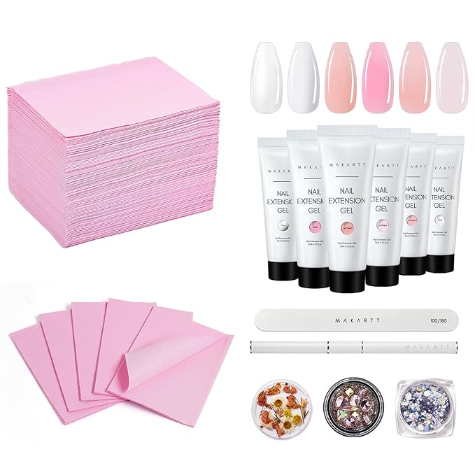 Makartt Poly Nail Gel Kit, Clear Pink Spring Summer Color Nail Extension Set Bundle with Disposable Nail Mats,50Pcs Pink Fordable Nail Paper Towels for Table Acrylic Nail Practice Sheet