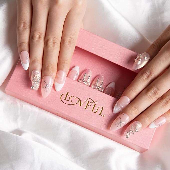 LOVFUL Press on Nails Dazzling Star French Tip | Handmade with Full Covered Crystals | Reusable Fake Nails | Almond Regular 1.0 in | H294-M