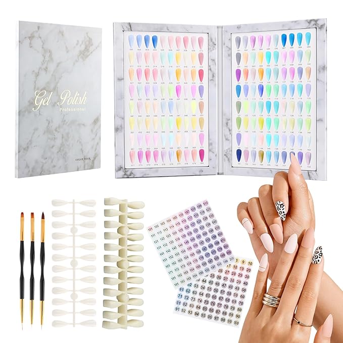160 Nail Color Book, Professional Nail Color Display Book with 240 N-ail Tips & 1-200 Number Stickers Labels 3 Dual-Ended Nai-l Art Pen, Nai-l Salon Display Booklet(COLOR:White)