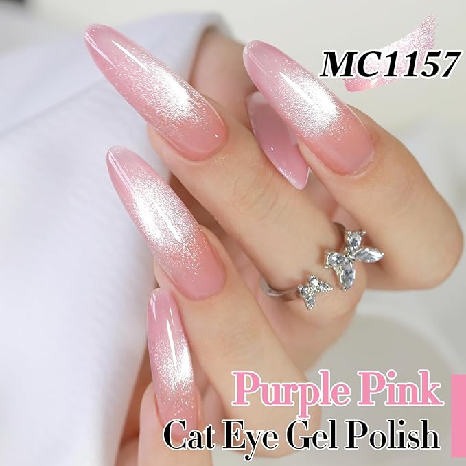 Double Rhythm 0.5 Oz Cat Eye Gel Polish with Magnet Same Color Same Bottle Holographic Glitter Shimmer Translucent Color Salon 15 ML Magnetic Nail Art (Purple Pink-MC1157)