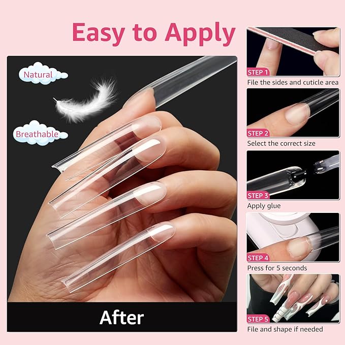 Clear Long Square Nail Tips: XXXL Extra Long Straight Tips Square for Acrylic Nails - Full Cover C Curve Acrylic Gel Nail Tips for Salon DIY Home Salon 240Pcs 12 Sizes