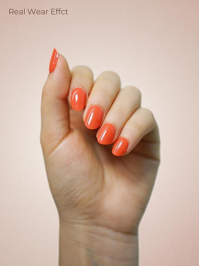 Real Gel Nail Strips (No UV Light Needed) - 44Pcs Salon Quality Nail Stickers - Long Lasting Polish Wraps for Women, Easy Apply & Remove (Crimson Tip Orange)