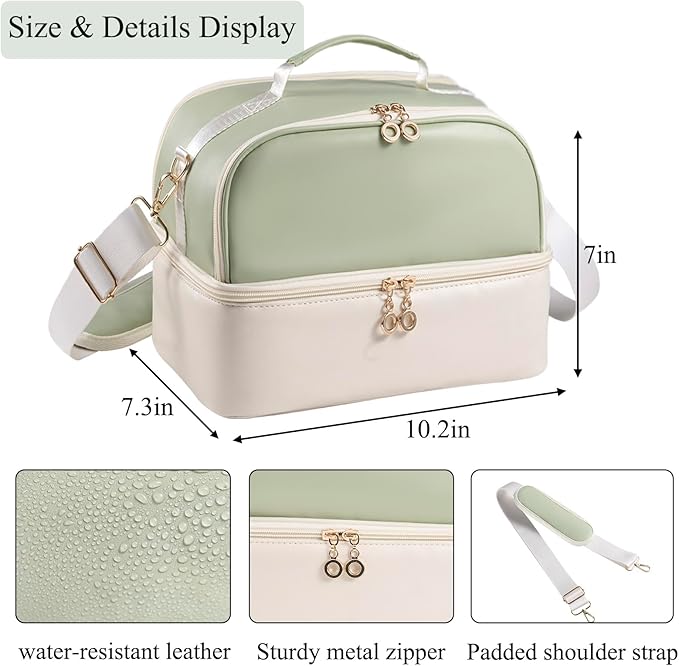 Nail Polish Organizer Holds 35 Bottles & Nail Lamp, Nail Organizers and Storage, Double Layer Nail Bag with Handle & Shoulder Strap for Travel, Nail Supplies Organizer for Manicure Kit (Green+Beige)