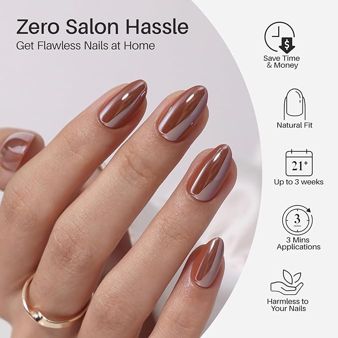 Brown Press on Nails Short - SHANGMENG Soft Gel Almond Chrome Press on Nails for Women, Glossy Glue on Nails with Glue, 16 Sizes - 32 Reusable Fake Nails Kit, Molten Mocha