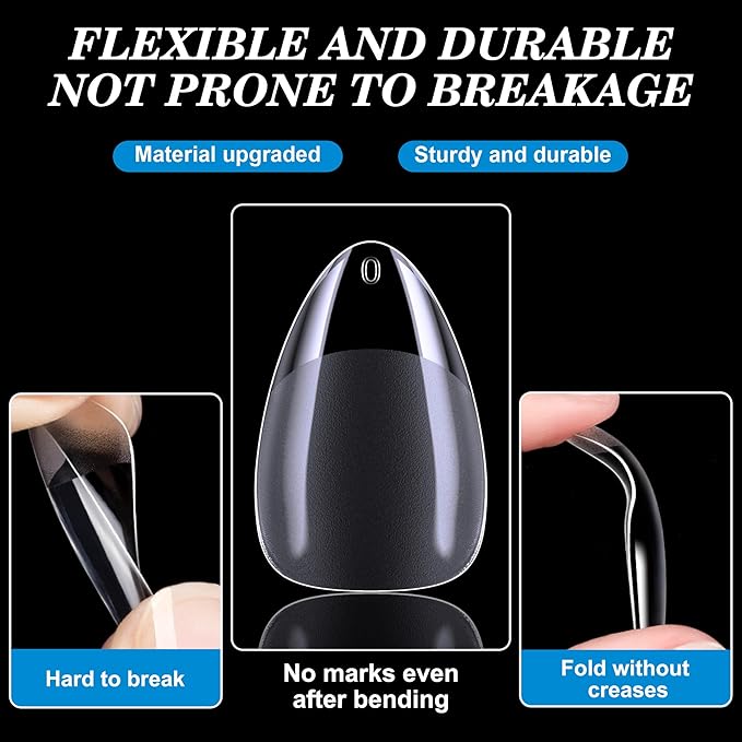 Short Almond Nail Tips, 360Pcs Soft Gel Full Cover Nails for Soak off Nail Extensions, Half Matte Clear False Gel Nail Tips for Nail Salons and DIY Nail Art, 15 Sizes