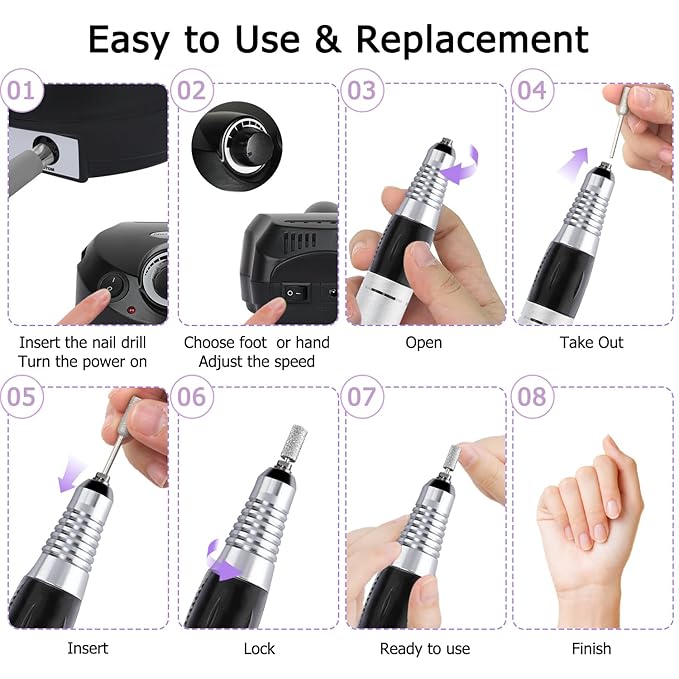 Electric Nail Drill Machine 30000RPM Nail Efile Professional Nail File Kit for Acrylic, Gel Nails, Manicure Pedicure Polishing with 6 Drill Bits and Sanding Bands
