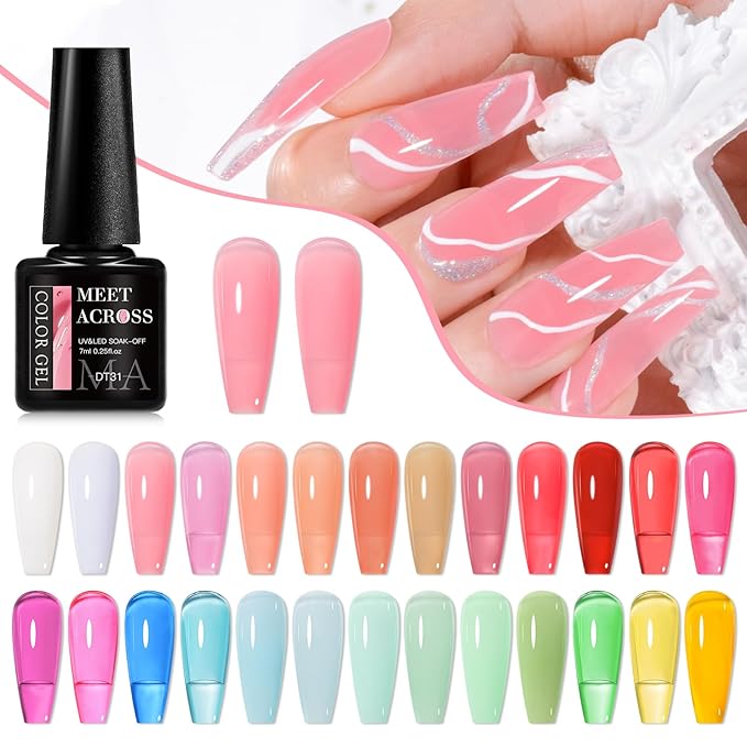MEET ACROSS 30Pcs Jelly Gel Nail Polish Set Pastel Gel Polish Kit Pink Orange Green Semi-transparent Nail Polish Sheer Effect French Nail Art Gift for Women 26 Colors