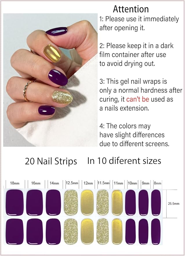 Semi Cured Gel Nail Strips, Carnival Gold Purple 20pcs Adhesive UV Sticker, Wraps for Home Manicure DIY