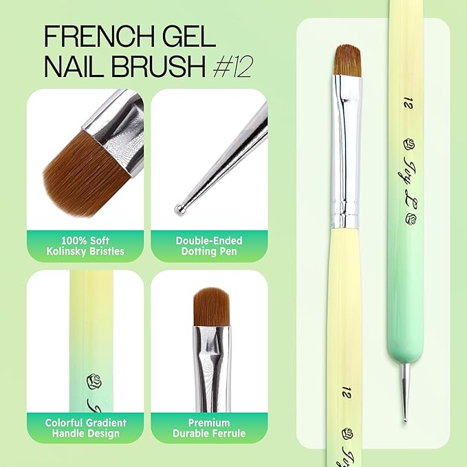 Ivy-L Premium 2 Ways French Gel Acrylic Nail Art Kolinsky Brush with Dotting Tool for Professional Manicure Nail Art Design Cuticle Clean-up + Lime Green Wood Handle (Size 12)