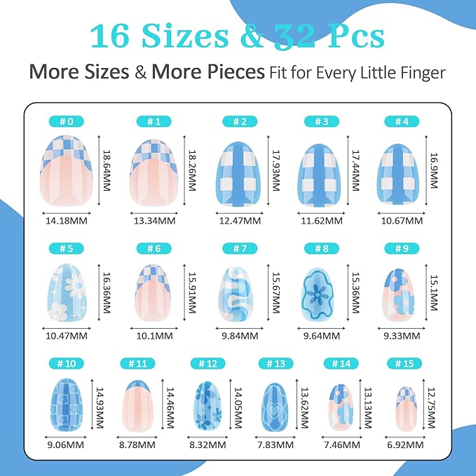 16 Sizes Press on Nails Kit for Kids - 32 Pieces French Almond Fake Nail Tips for Girls 8-12 Years Old with Jelly Nail Adhesives & No-Lamp Nail Glue, Birthday Christmas Gifts(French Blue Grid)