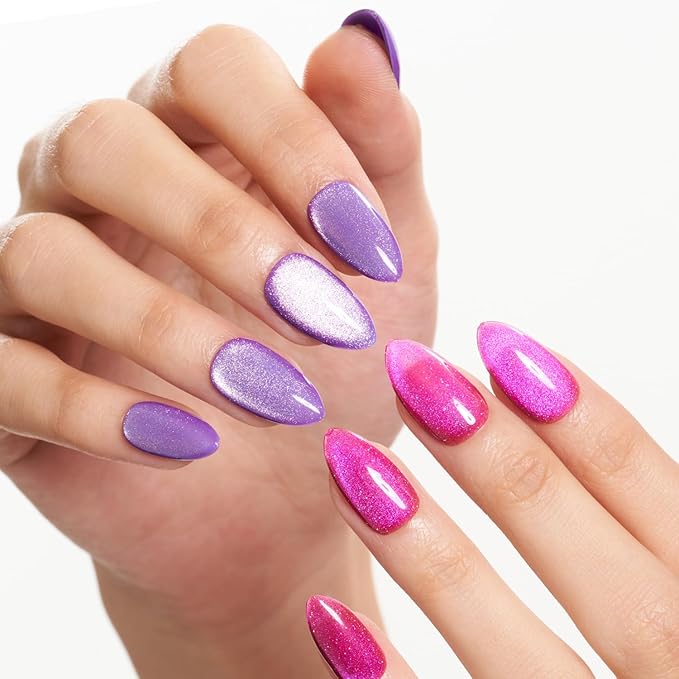 GLAMERMAID Hot Pink Purple Magnet Cat Eyes Press On Nails Short Almond, Aurora Magnetic Handmade Soft Jelly Gel Fake Nails, Round Oval Stick Glue on Nail Kit for Women, Reusable Acrylic False Nail Set