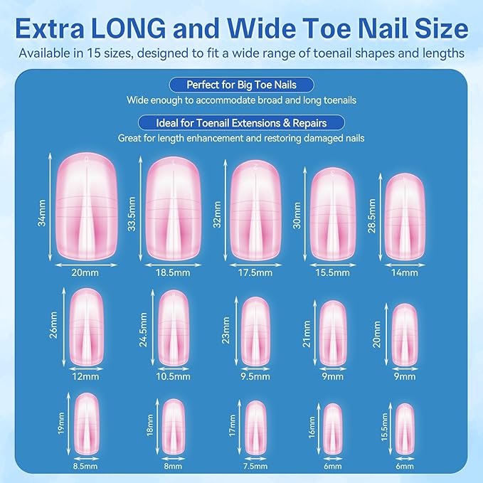 Pink Poly Gel Nail Kit For Toes, Reusable Full Cover Wide French Press on Toenails for Women Extensions Home DIY Nail Salon 300PCS 15Sizes