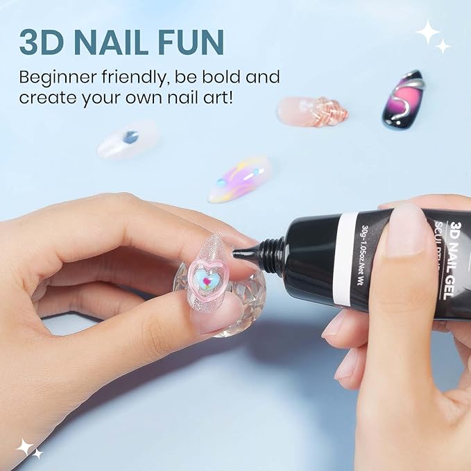 MIZHSE 30g 3D Gel Nail Art, Sculpting Gel Glue for Molding, Drawing, Charms & Gems, Chrome Powder, Rhinestone Design, Clear No Wipe Nail Polish for DIY Winter Christmas Nail Art