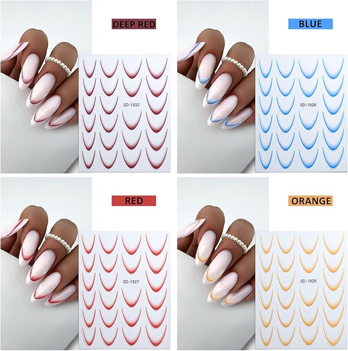 9 Colors French Manicure Nail Art Stickers, 3D Gradient French Tip Stickers Self-Adhesive Nail Decals for DIY Nail Art Decoration 9 Sheets