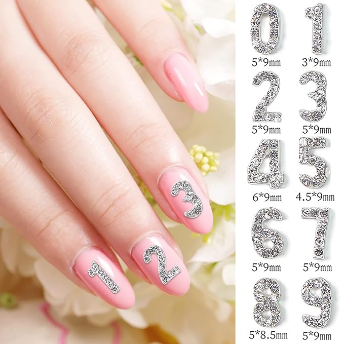 WOKOTO 30pcs Silver Number Nail Charms And Rhinestones (0-9) 3d Number Rhinestones For Nails Luxury Alloy Arabic Numerals Nail Number Charms For Nails Nail Jewelry Gemstones For Nail Art Gems