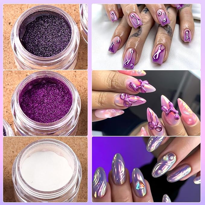 3D Nail Gel and Chrome Nail Powder Kit: 10g Sculpting Gel for Nail Art Metallic Mirror Effect Pigment Aurora Pearl Chrome Powder for Home DIY Salon Use (Purple)