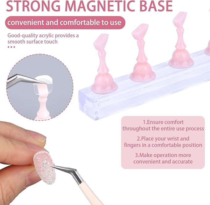 2 Set Nail Holder for Painting Nails, Acrylic Magnetic Base Fake Nail Practice Display Stand for Press on with 100pcs Double-Sided Adhesive Tape Salon Manicure Training Tools Supplies Accessories