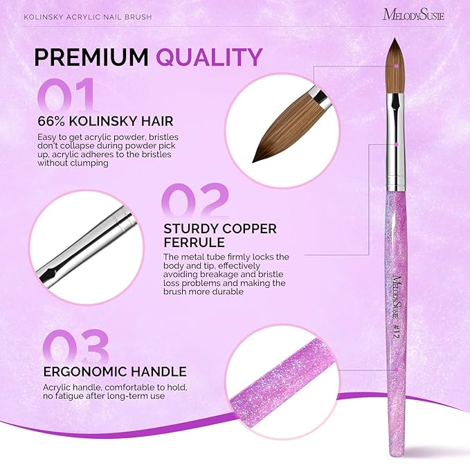 MelodySusie Kolinsky Acrylic Nail Brush,66% Kolinsky Hair Professional Nail Art Brush for Acrylic Application, Aurora Collection Fine Glitter Brush, Purple, Size 12