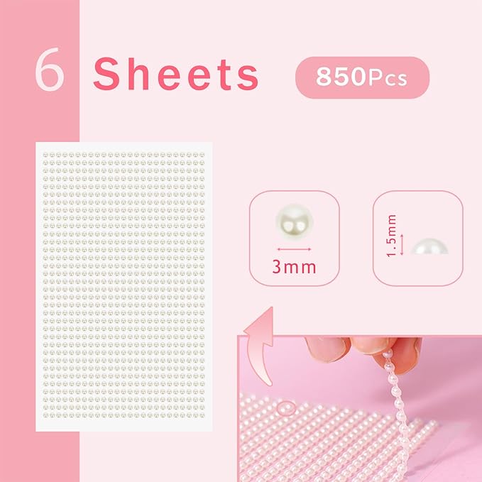 5100PCS Pearl Stickers Pearls for Crafting - Self Adhesive Pearls for Hair Face Makeup Eye Nail Crafts, Stick On Gems (6 Sheets, 3mm Round)