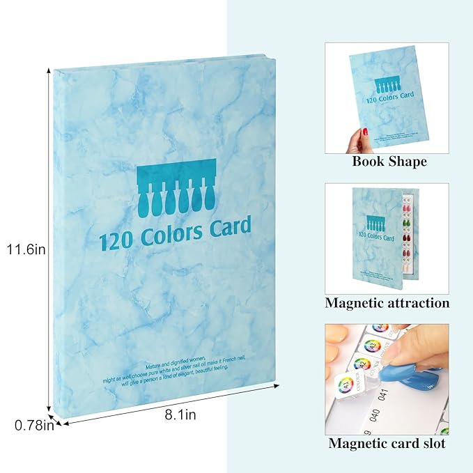 120 Magnetic Nail Color Book,Leather Magnetic Color Display Book with 120 Magnetic Tips & 1-120 Number Labels,Perfect for Nail Polish Nails Art Design(Blue)