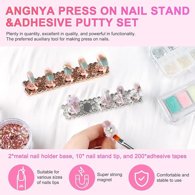 ANGNYA 2 Set Nail Stand for Press Ons, Strong Magnetism Nail Holder for Painting Nails with with 200PCS Nail Sticky Tabs, Nail Display and Practice Stand for Home DIY Beginner Salon Supplies