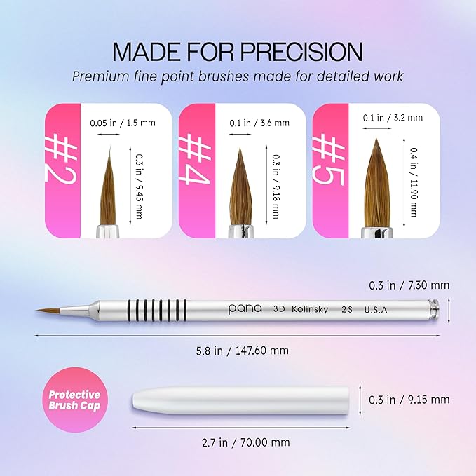 PANA 3D Kolinsky Nail Art Brush - Silver Non-Slip Handle, Size 2 - Acrylic Nail Art Sculpture Brush for Manicures Pedicure Salon Professional or Beginner