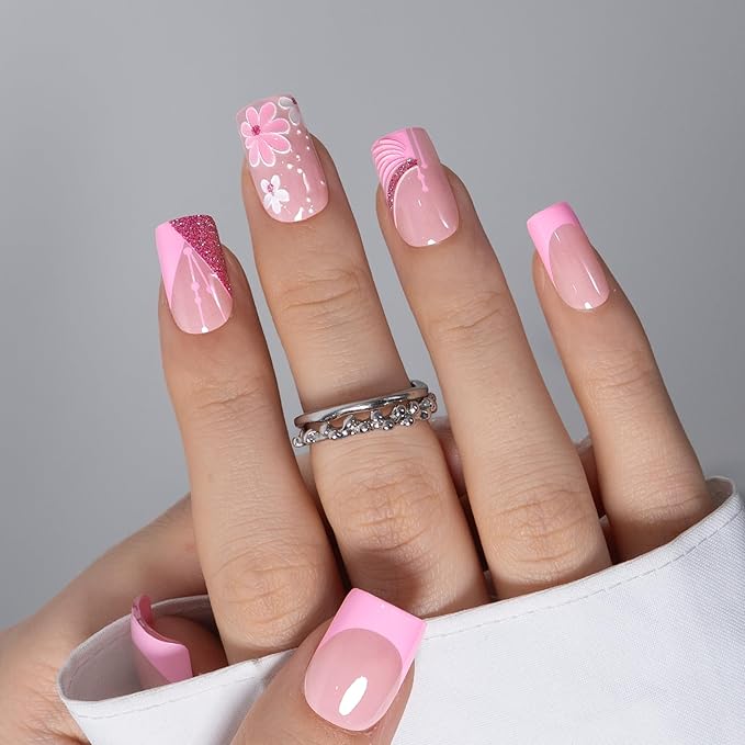 CurvLife Soft Gel Press On Nails Square, Long-Lasting 30Pcs Reusable Stick On Fake Nails Kit with Glue Tabs, Glossy Salon-Style Manicure for Women Teens Beginners, At-Home (Pink Symphony)