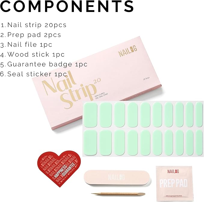 Semi Cured Gel Nail Strips - NAILOG 20 Pcs Green Nail Stickers Extra Long Wraps with Glossy Gel Finishing for Spring Summer, Pastel Mint