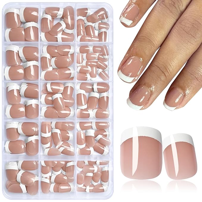 AddFavor White French Tip Press on Nails Short - 240pcs Brown Extra Short Square Fake Nails, Square Nails Press on Acrylic Nail Extension Nails Art DIY