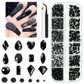 2052Pcs Black Nail Art Rhinestones Kit 72 Multi Shapes Crystal Flatback Rhinestones Gems +1980 Jet Black Round Beads Glass Stones Diamonds Jewels w Tweezer & Wax Pen for Nail Faces Eyes Makeup Crafts