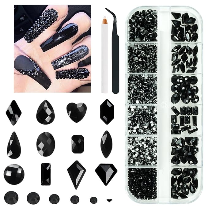 2052Pcs Black Nail Art Rhinestones Kit 72 Multi Shapes Crystal Flatback Rhinestones Gems +1980 Jet Black Round Beads Glass Stones Diamonds Jewels w Tweezer & Wax Pen for Nail Faces Eyes Makeup Crafts