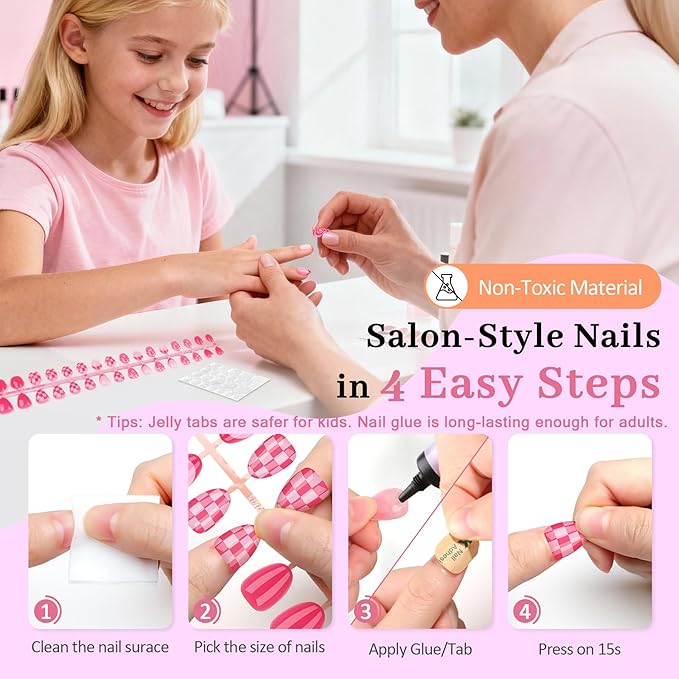 16 Sizes Press on Nails Kit for Kids - 32 Pieces French Almond Fake Nail Tips for Girls 8-12 Years Old with Jelly Nail Adhesives & No-Lamp Nail Glue, Birthday Easter Gifts (Rose Pink Grid)