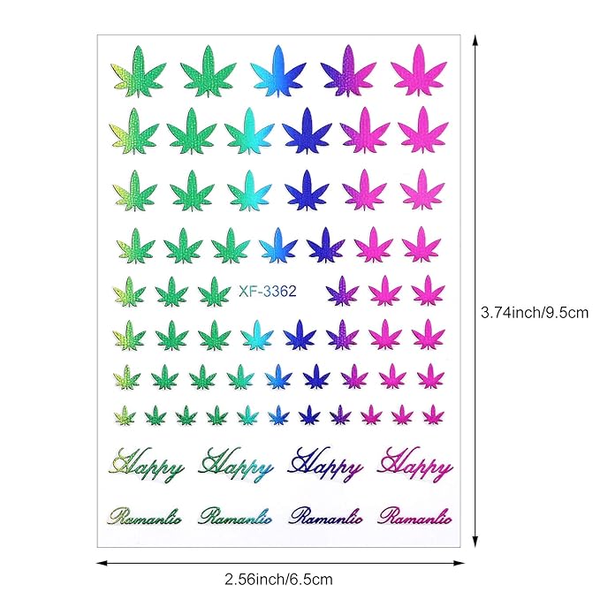 12 Sheets Colorful Leaf Nail Decals - Self-Adhesive Pot Leaves Nail Stickers for Women