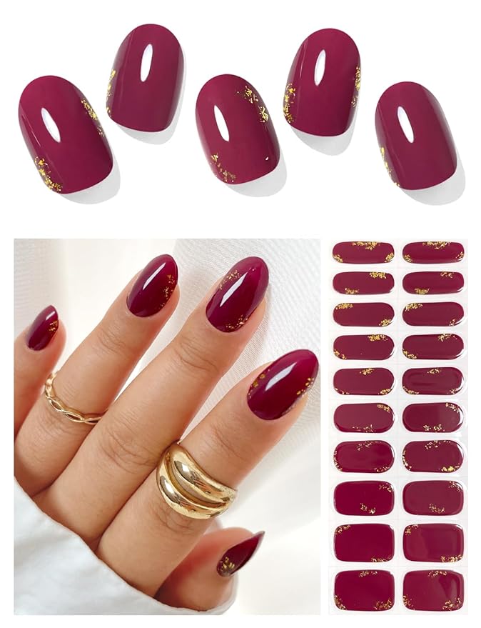 Semi Cured Gel Nail Strips (Plum Queen), Gold Foil, Deep Purple, 20 Pcs Gel Nail Wraps, Stickers, UV Light Required, Salon Quality, Long Lasting