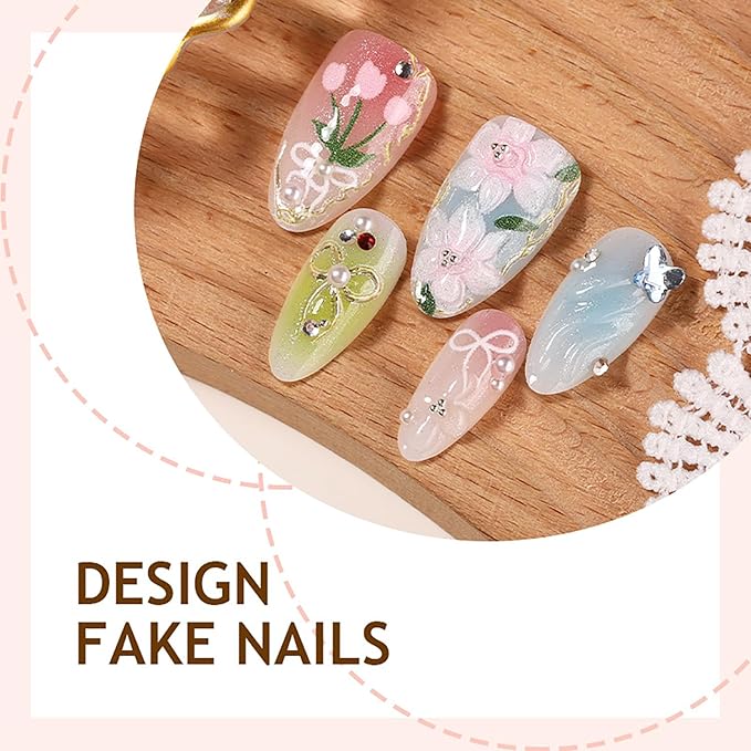 3D Flower Press on Nails Short Almond Fake Nails with Rhinestones Pearls Butterfly Bow Designs Spring False Nail Acrylic Artificial Fingernails Summer Stick on Nail for Women 30Pcs