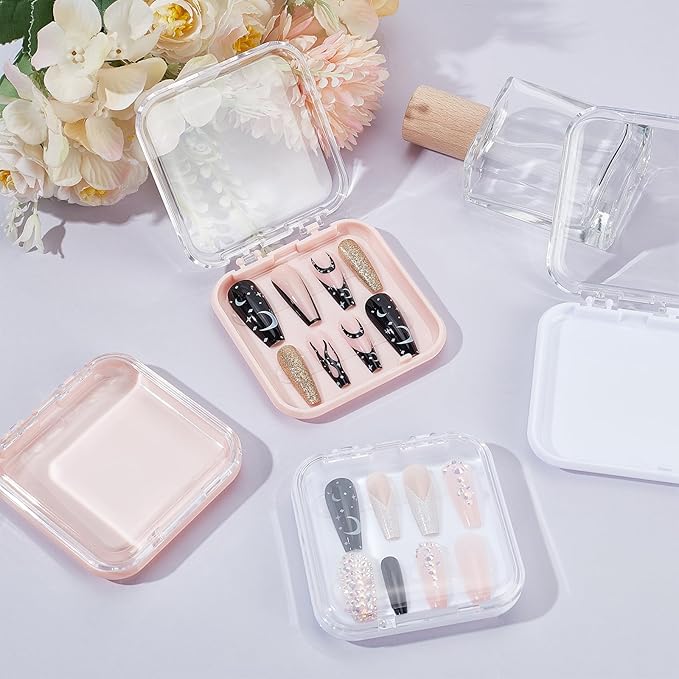 NICENEEDED 4 Pcs Plastic Press on Nail Storage Box, Fake Nails Packing Cases, Transparent Nail Organizer Display Boxes with Adhesive Double Sided Tape for Home DIY Nail Salon