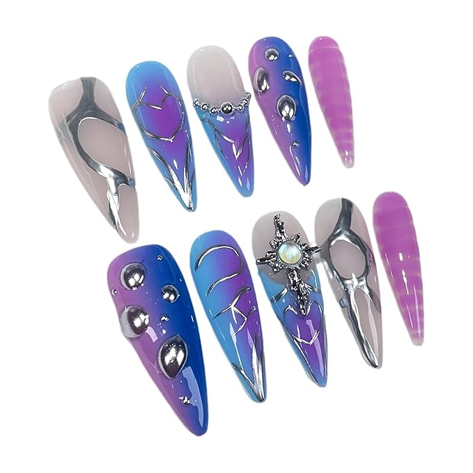 10Pcs Blue Handmade False Nails Long Almond Press on Nails Ombre Fake Nails with 3D Swirl and Charms Design Acrylic Nails Press Ons Luxury Reusable Stick on Nail for Women (Size M)