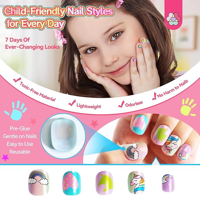 168 Pieces Press on Nails for Kids, SAVILAND 7 Pack Children Fake Artificial False Nail Tips Old Colorful Flower Nails For Girls 8-12 Years Pre Glue Full Cover with Nail Adhesive Tabs (Glamkids)