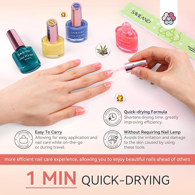 SAVILAND Nail Polish Set Quick-Dry: Summer Jelly Pastel Pink Nail Polish Kit Base-Top Coat 0.34 oz Macarons Candy Transparent Nudes Bluk Polish Non Gel for Finger Toe French DIY Set Women Home
