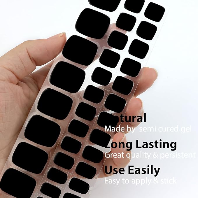 34 Pcs Semi Cured Gel Toe Nail Strips Black Solid Gel Nail Stickers Full Cover Nails Wraps Self Adhesive Toe Nails Polish Strips Stickers for Women UV/LED Light Required