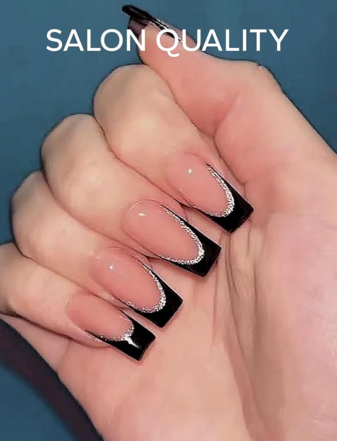 Nail Polish Strips – 32PCS UV Free Salon Quality Wraps, Long Lasting Gel Nail Stickers for Women (French Luxe Black)