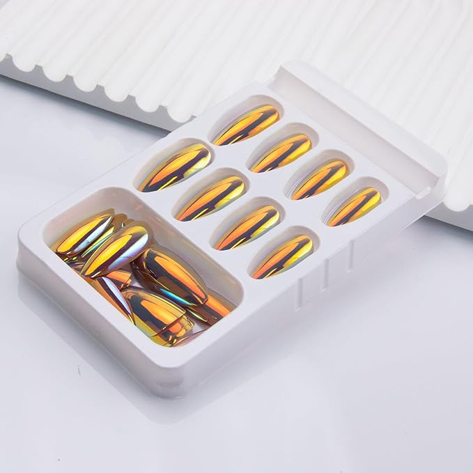 Chrome Press on Nails Almond Fake Nails Metal Mirror False Nails Glossy Medium Acrylic Nail Press ons Full Cover Holographic Shiny Glue on Nails for Women Girls Manicure 24Pcs