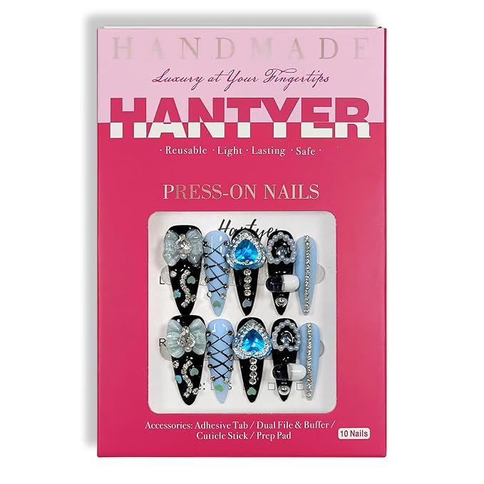Gothic Blue Press on Nails with Tools Kit, 10pcs Long Stiletto Matte Black & Blue Nails, Blue Rhinestones, Bows & 3D Hand-Painted Art, Reusable & Easy Apply for Night Events (Size S)