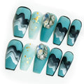 Sun&Beam Nails Handmade Long Coffin Ballerina Black Blue False Nail Tips with Cute 3D Diamond Popular Charm Design Press On Nails 10 Pcs (#71 M) (FN-HM-071-M.AU)