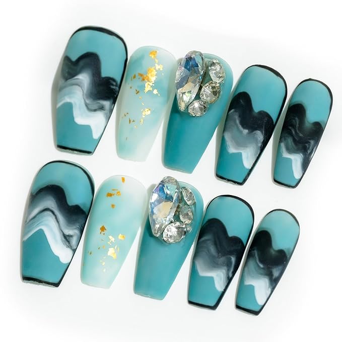 Sun&Beam Nails Handmade Long Coffin Ballerina Black Blue False Nail Tips with Cute 3D Diamond Popular Charm Design Press On Nails 10 Pcs (#71 S)
