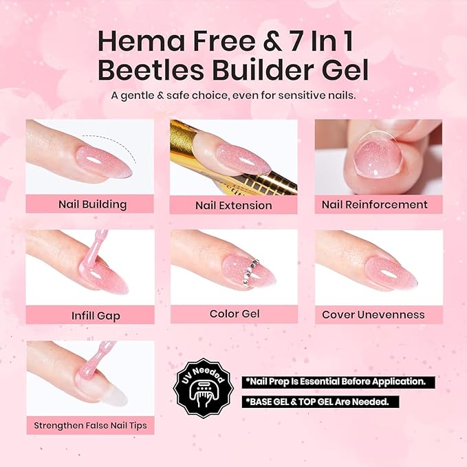 Beetles Builder Gel for Nails HEMA-Free, 15 ML 7 in 1 Pink Glitter Builder Nail Gel for Nail Apex & Nail Extension Builder Strengthening Nail Art Design for Beginner Women,UV & LED Lamp Needed